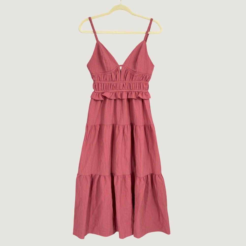 En Saison Sleeveless Tiered Midi Ruffle Dress Size S Pink V-Neck Cottagecore